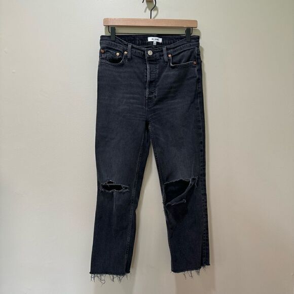 Re/done Distressed Straight Leg Black Raw Hem Jeans sz 29 - Picture 2 of 8